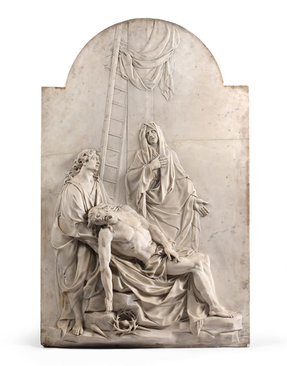 Bas relief en marbre blanc représentant la Descente de Croix, signé F. Barrois